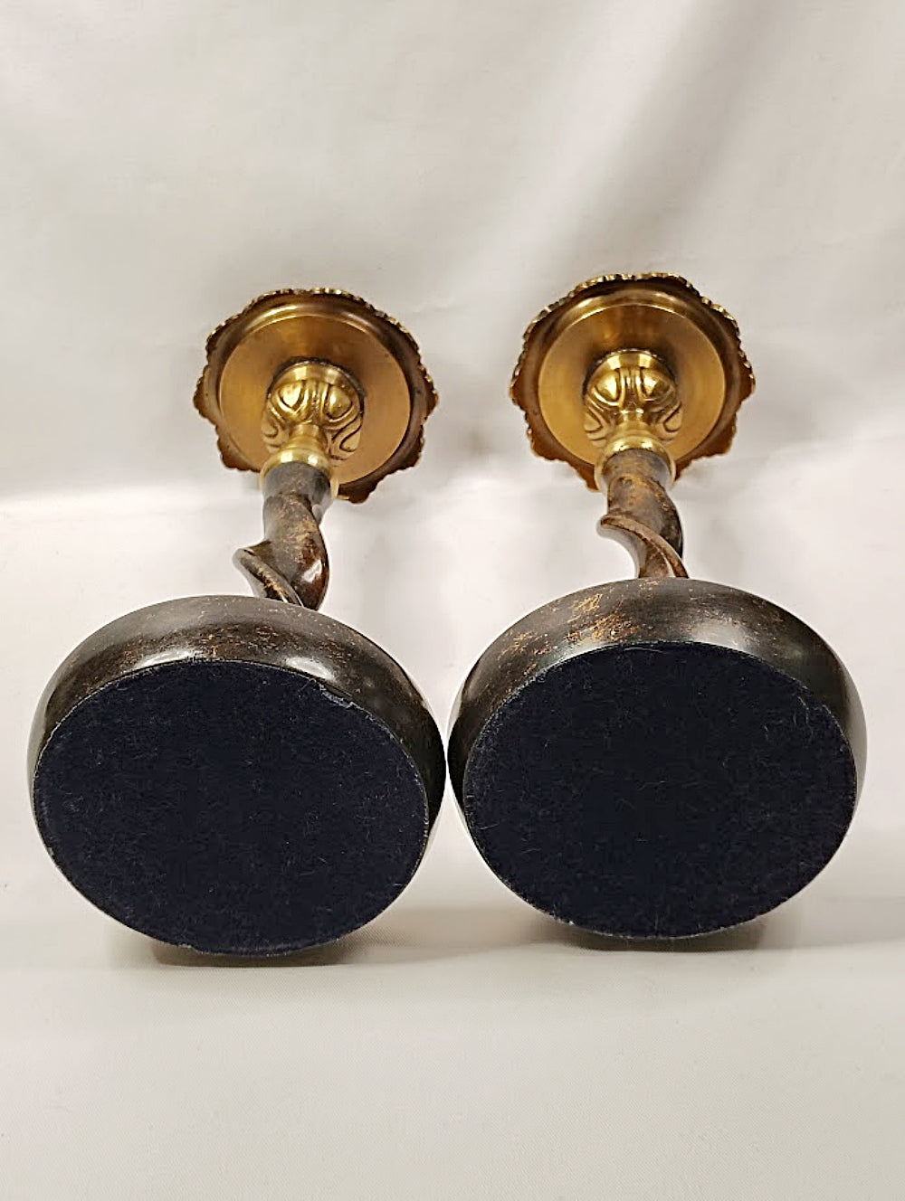 Candlestick Pair Solid Brass Barley Twist Stem Thistle Tops Felt Bottom
