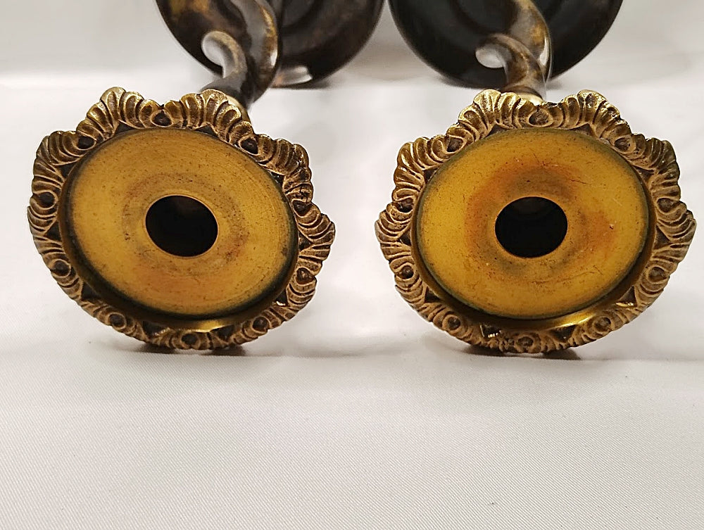 Candlestick Pair Solid Brass Barley Twist Stem Thistle Tops On side closeup