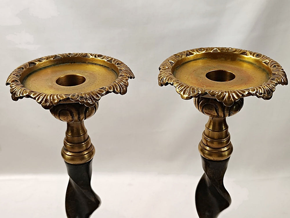 Candlestick Pair Solid Brass Barley Twist Stem Thistle Tops closeup
