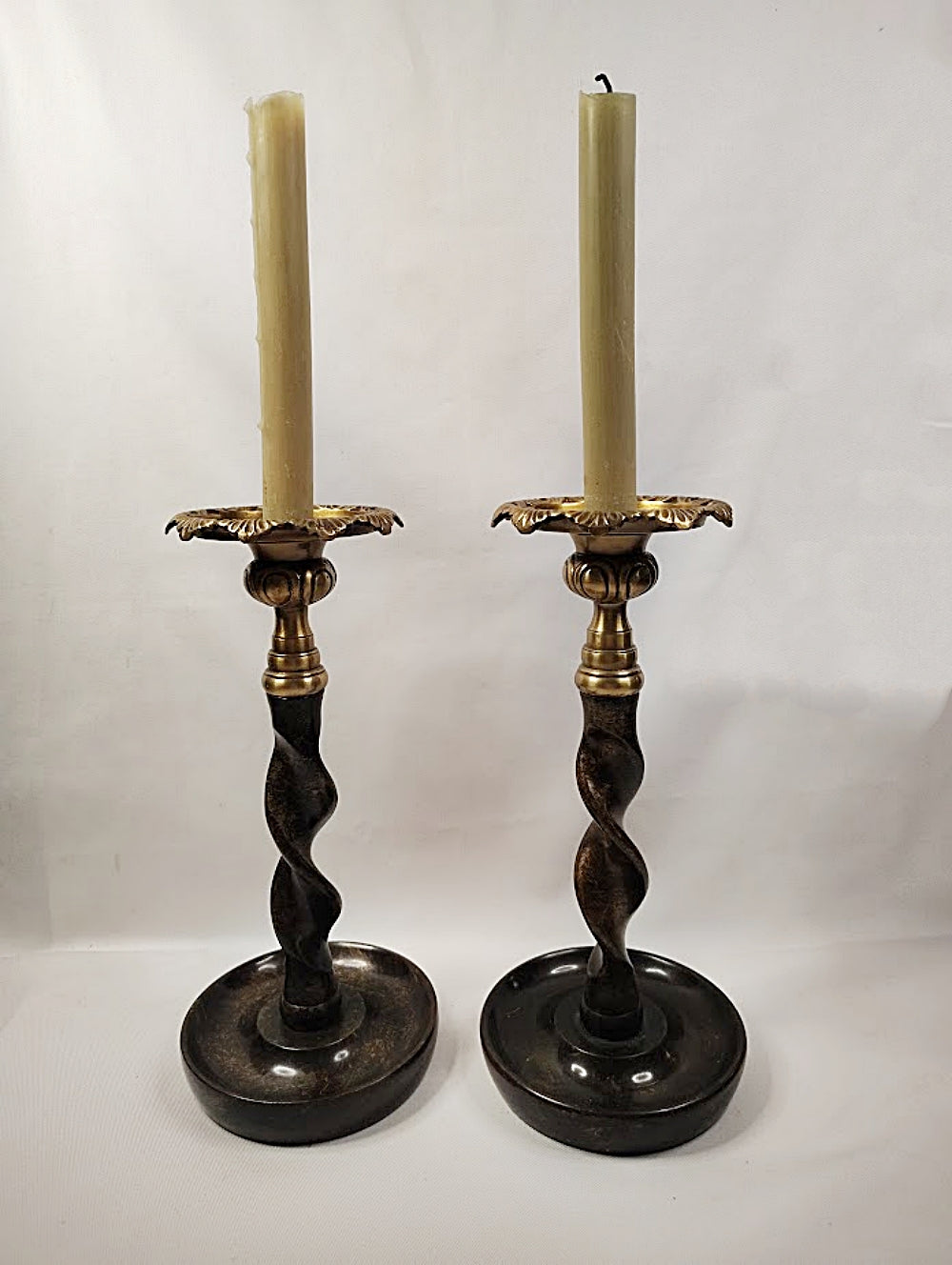 Candlestick Pair Solid Brass Barley Twist Stem Thistle Tops Side by Side