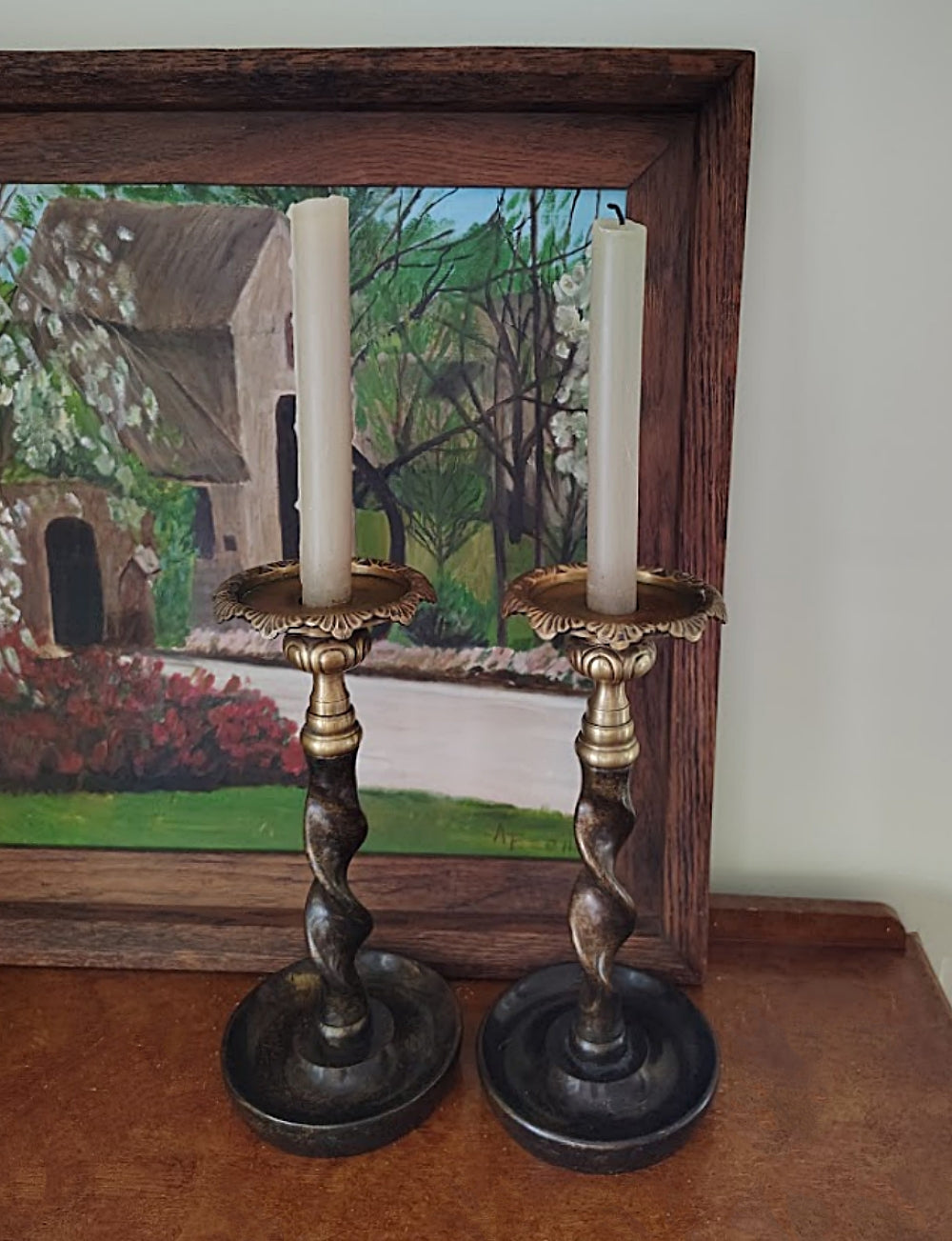Candlestick Pair Solid Brass Barley Twist Stem Thistle Tops on Dresser with Oil Painting