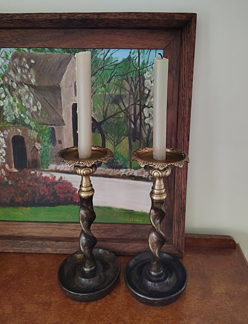 Candlestick Pair Solid Brass Barley Twist Stem Thistle Tops on Dresser with Oil Painting