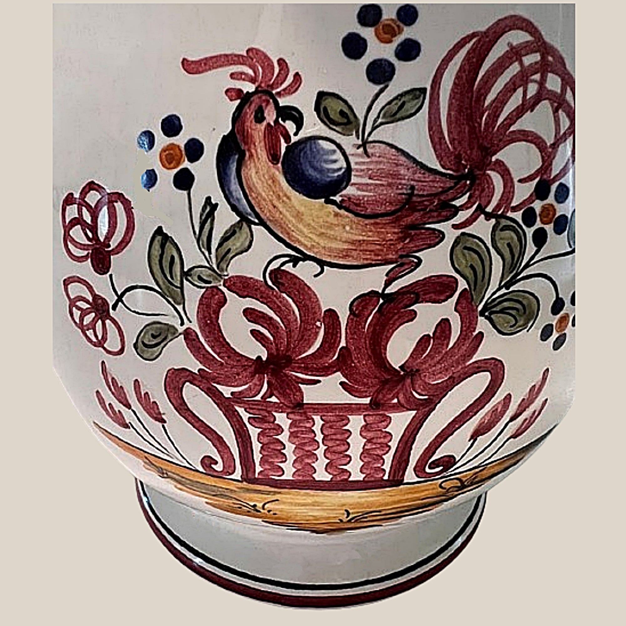 Strasbourg France Vintage Faience Coffee Pot Hand Painted Cockerel