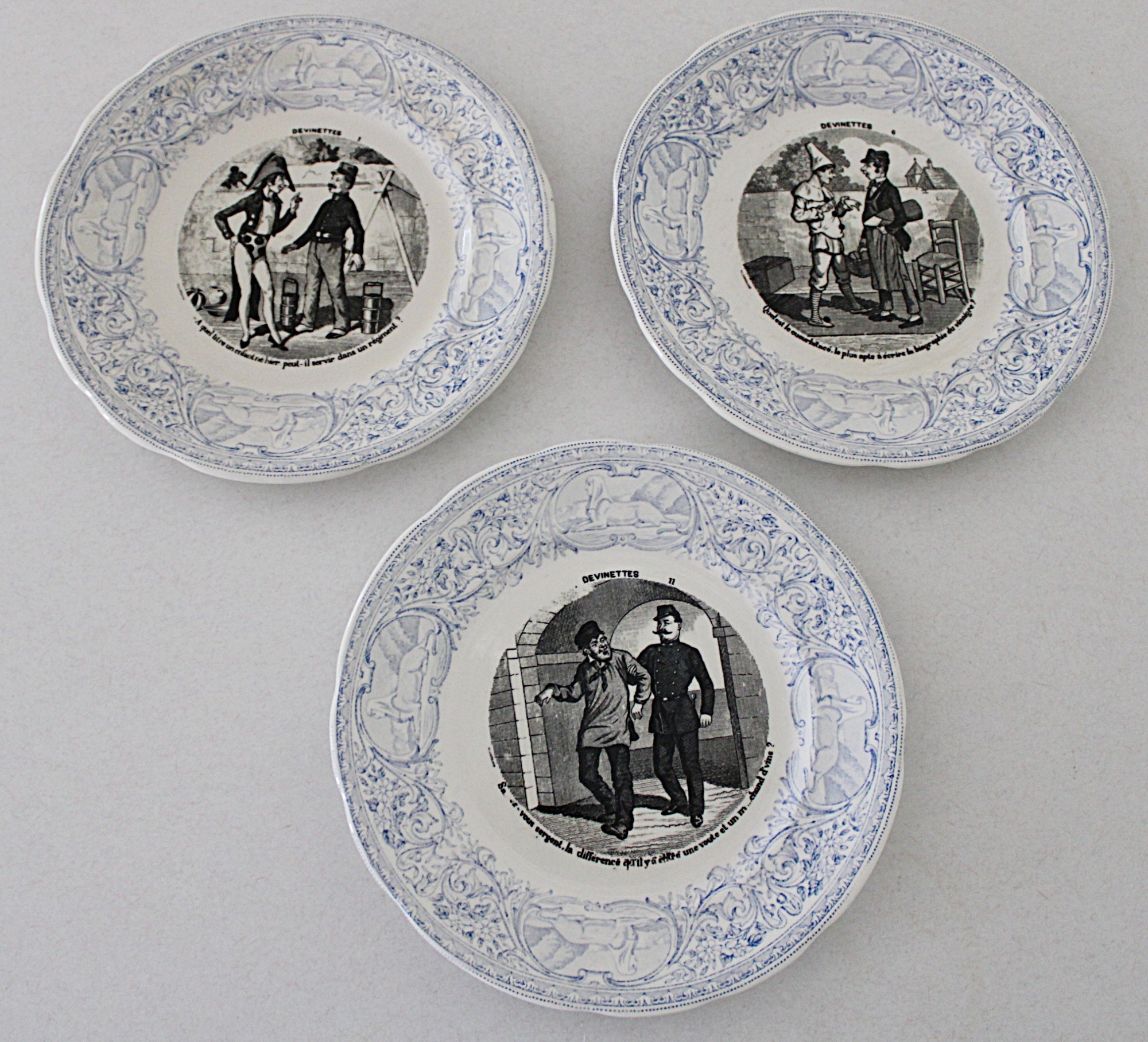 French  Antique Faience Conversation Plates  Set of Three