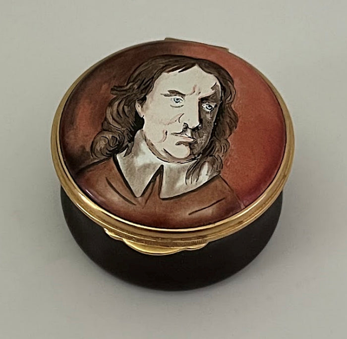 Vintage English Enameled Trinket Box, Oliver Cromwell Portrait