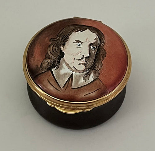 Vintage English Enameled Trinket Box, Oliver Cromwell Portrait