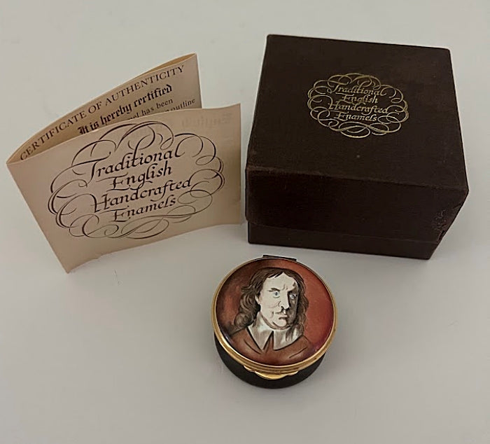 Vintage English Enameled Trinket Box, Oliver Cromwell Portrait