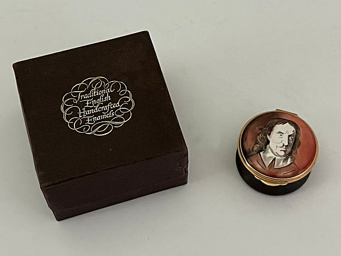 Vintage English Enameled Trinket Box, Oliver Cromwell Portrait