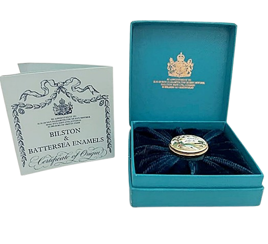 Vintage HALCYON DAYS English Enamel Miniature Box "Good Luck"
