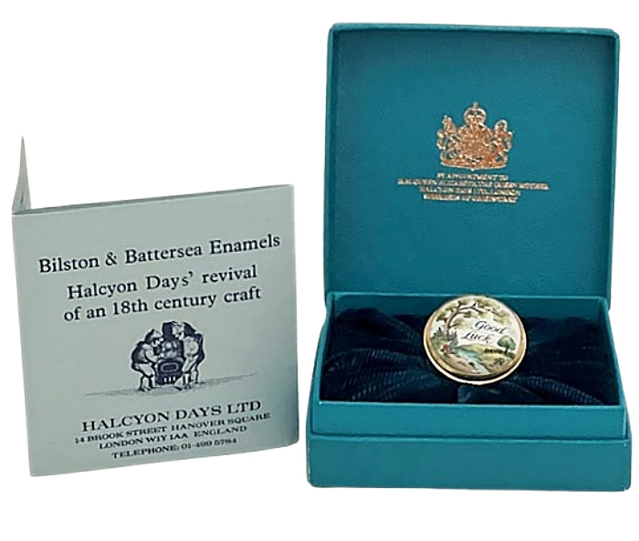 Vintage HALCYON DAYS English Enamel Miniature Box "Good Luck"