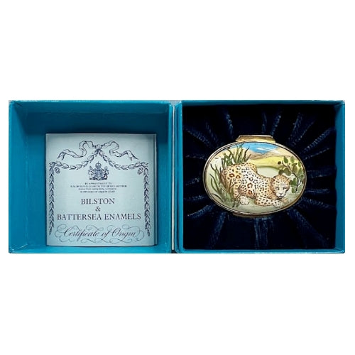 Vintage HALCYON DAYS English Enamel Box Leopard Motif box open