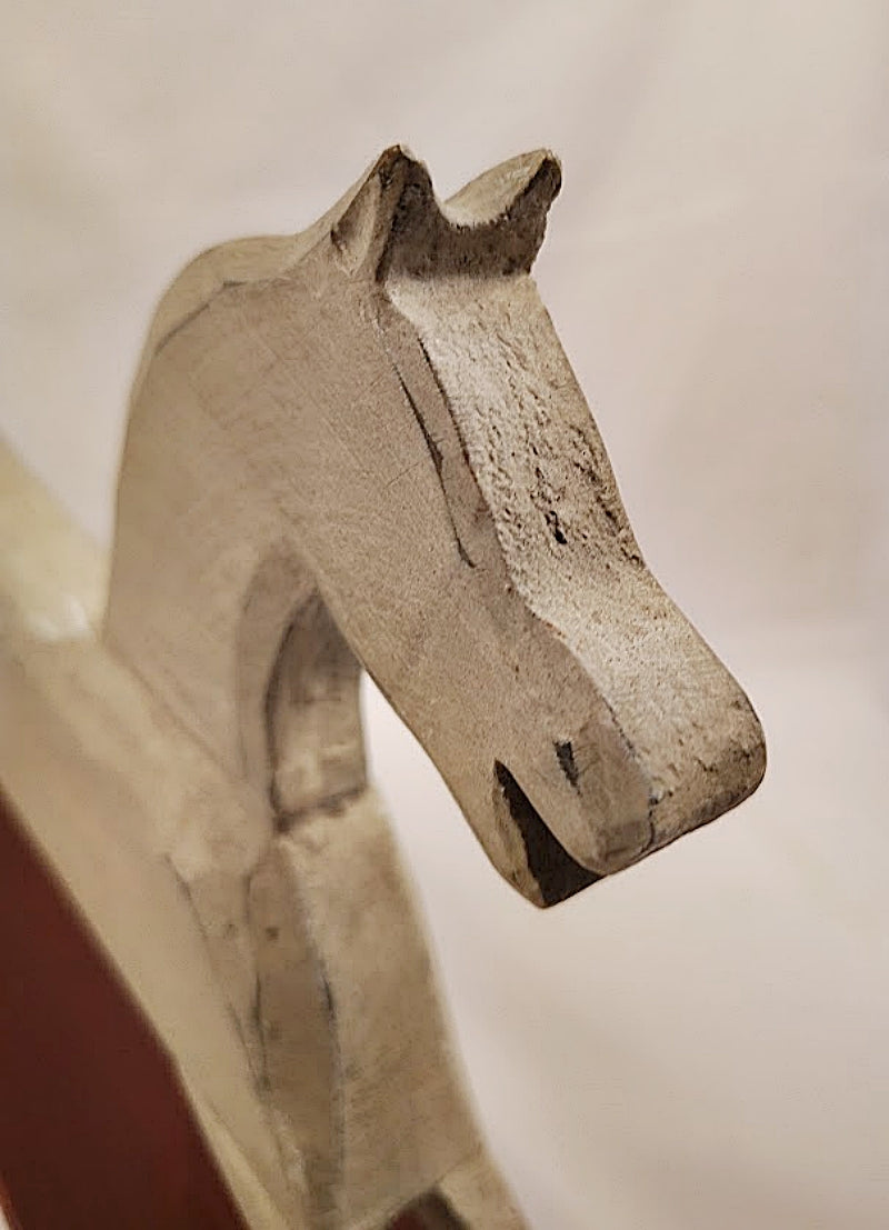 Folk Art Wood Horse Carved and Painted on Iron Wheels Face Front Right