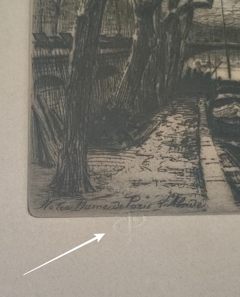 Framed Etching Titled Notre Dame Paris Abside Title Blind Stamp
