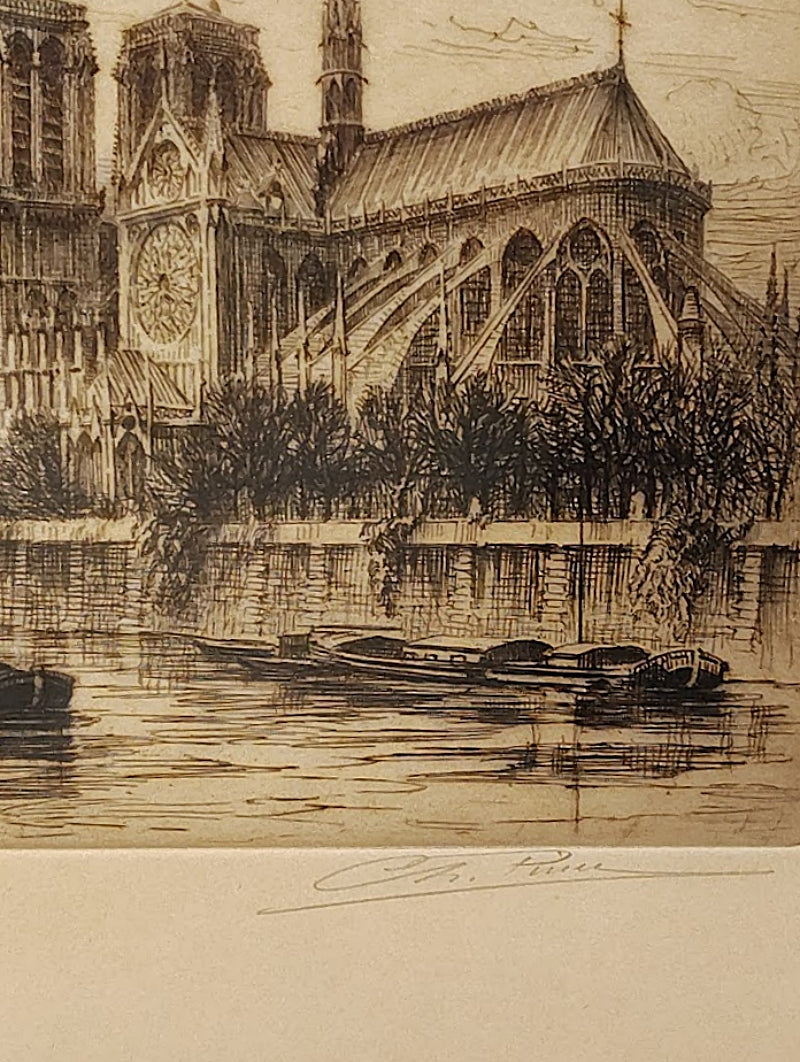 Framed Etching Titled Notre Dame Paris Abside closeup Notre dame