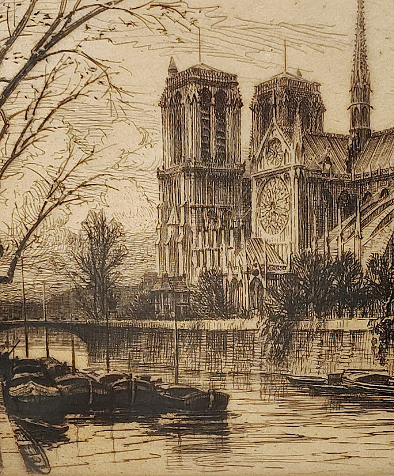Framed Etching Titled Notre Dame Paris Abside River