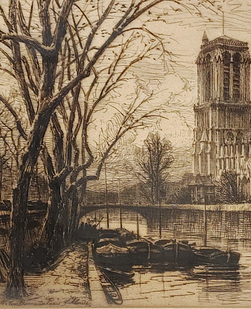 Framed Etching Titled Notre Dame Paris Abside Closeup Boats
