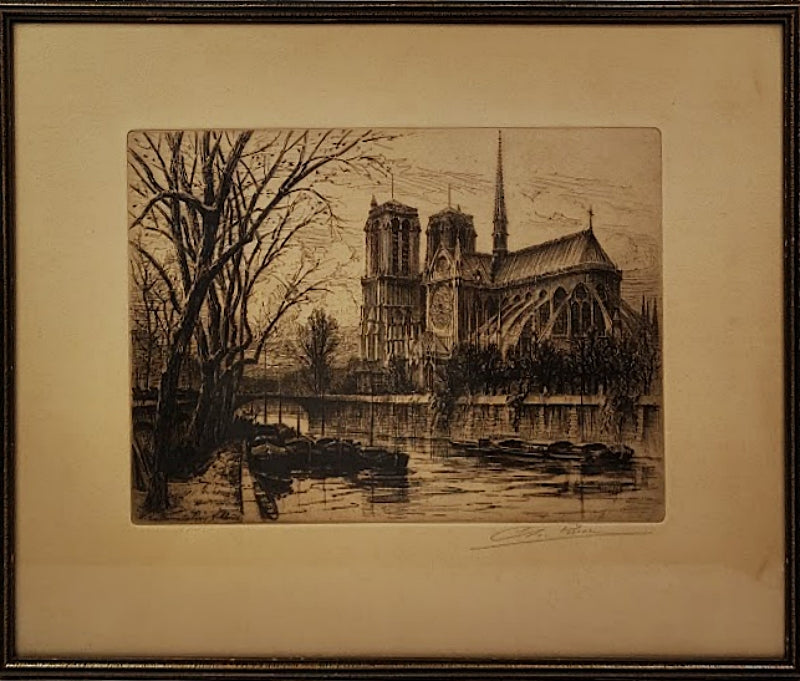 Framed Etching Titled Notre Dame Paris Abside Full Front View