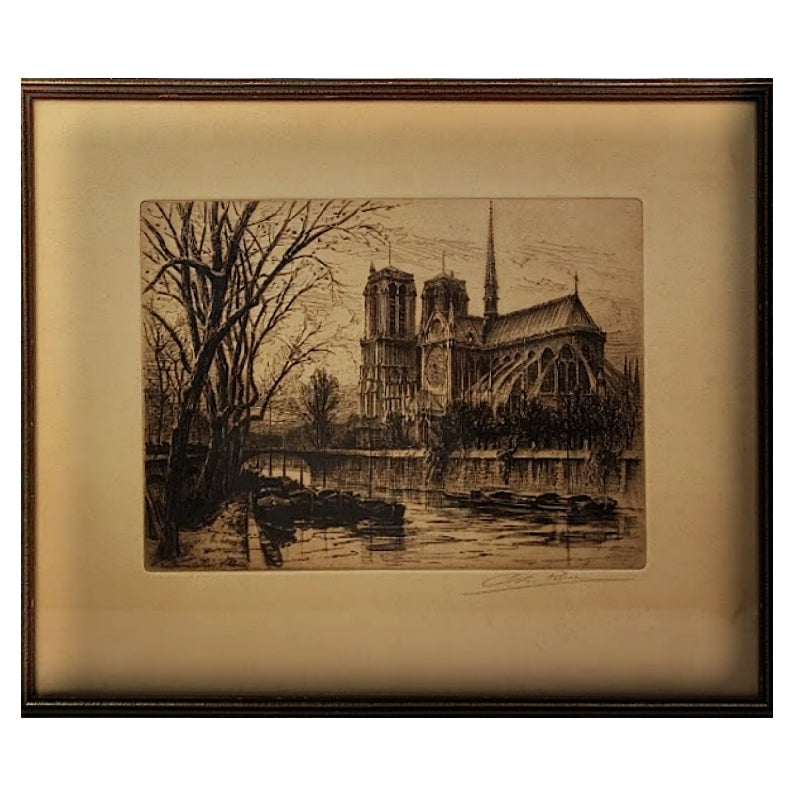 Framed Etching Titled Notre Dame Paris Abside
