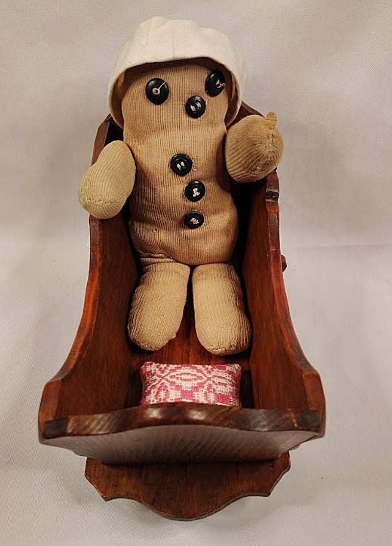 1920s Cloth Doll with Pine Cradle inside view