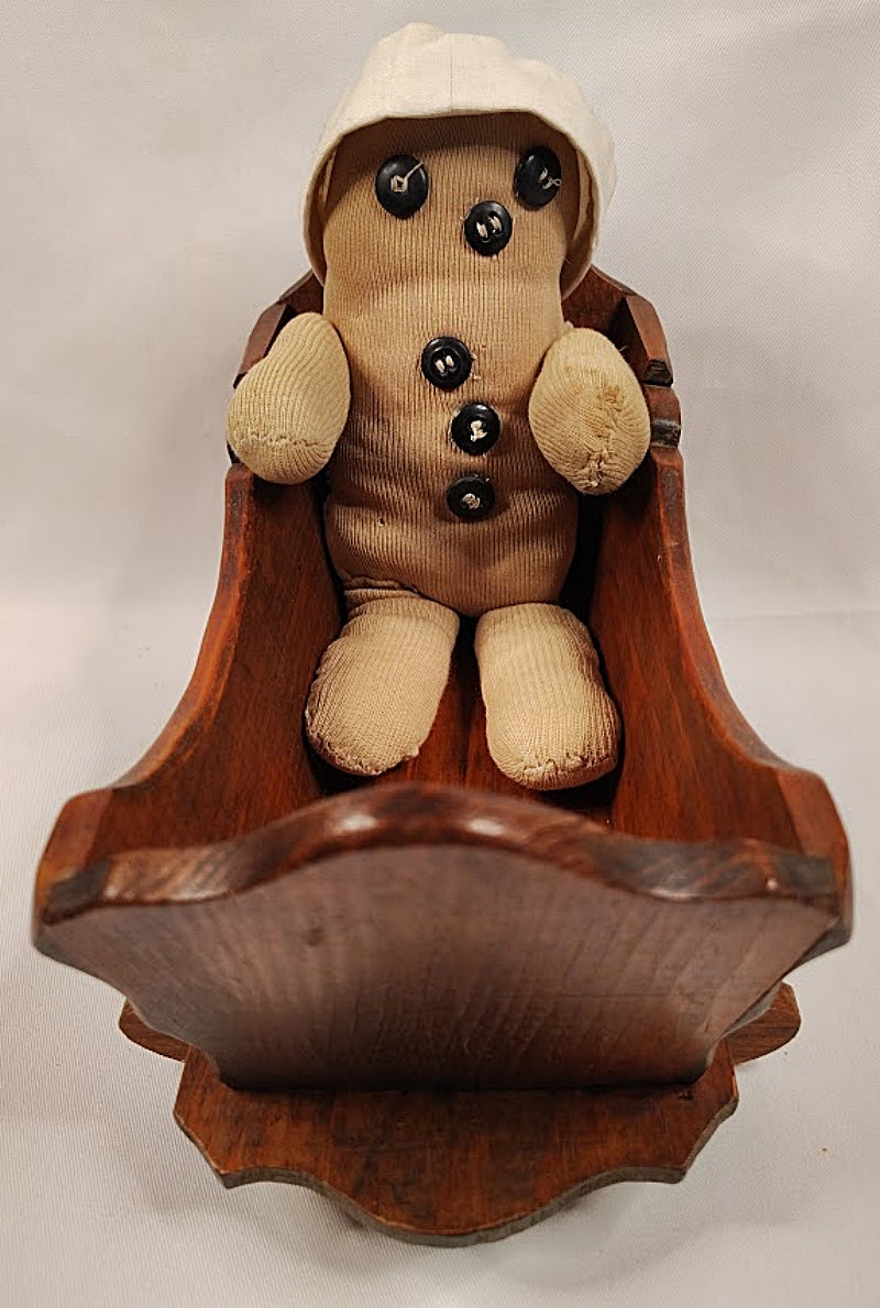 1920s Cloth Doll with Pine Cradle Main front view