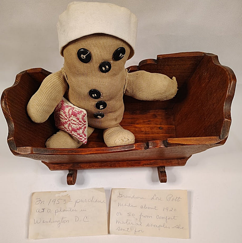 1920s Cloth Doll with Pine Cradle doll with info card in front
