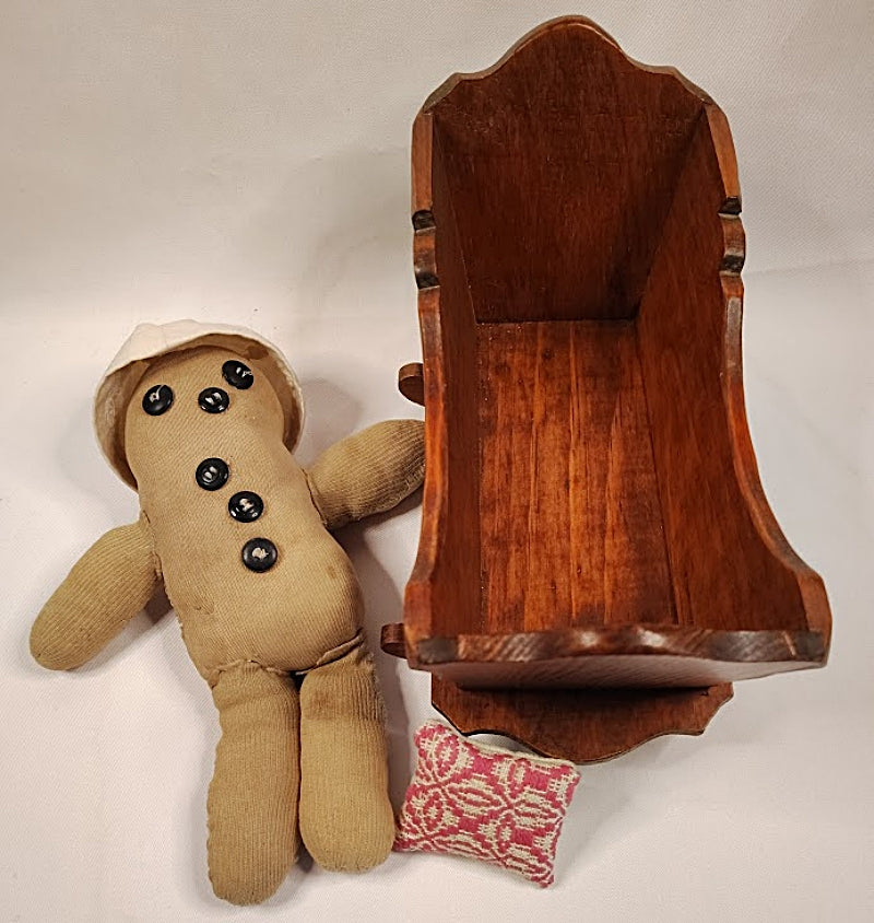 1920s Cloth Doll with Pine Cradle inside view doll laying next too
