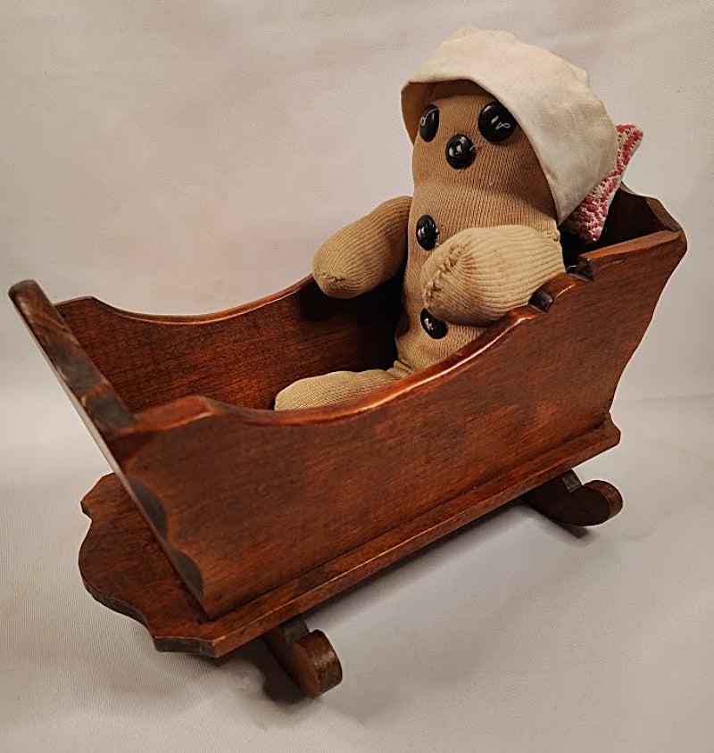 1920s Cloth Doll with Pine Cradle full side view