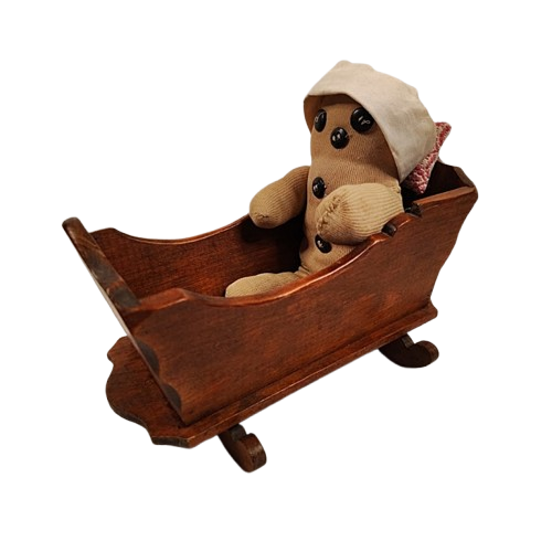1920s Cloth Doll with Pine Cradle side view