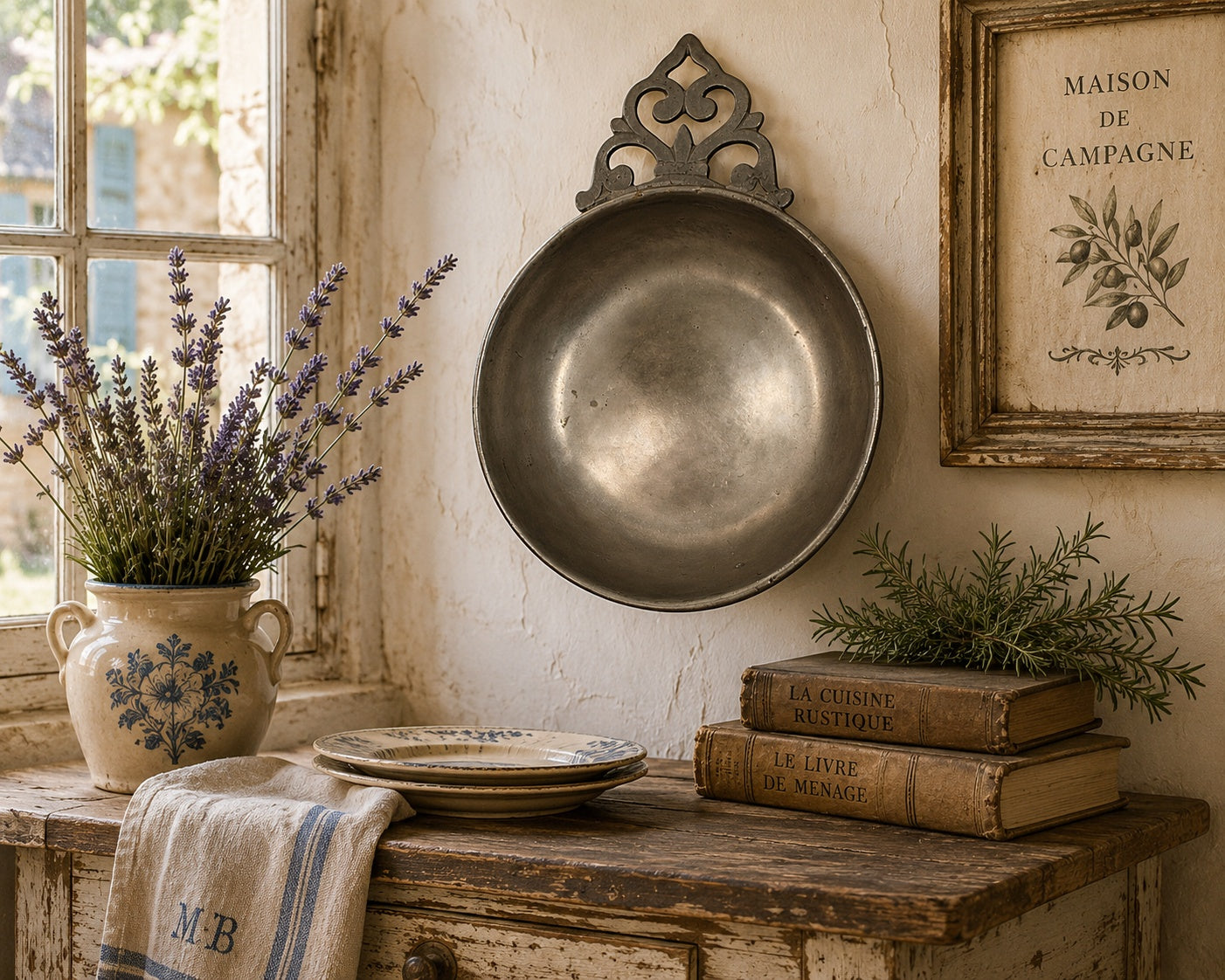 Vintage-style interior with a metal pan, books, and plants on a wooden surface.