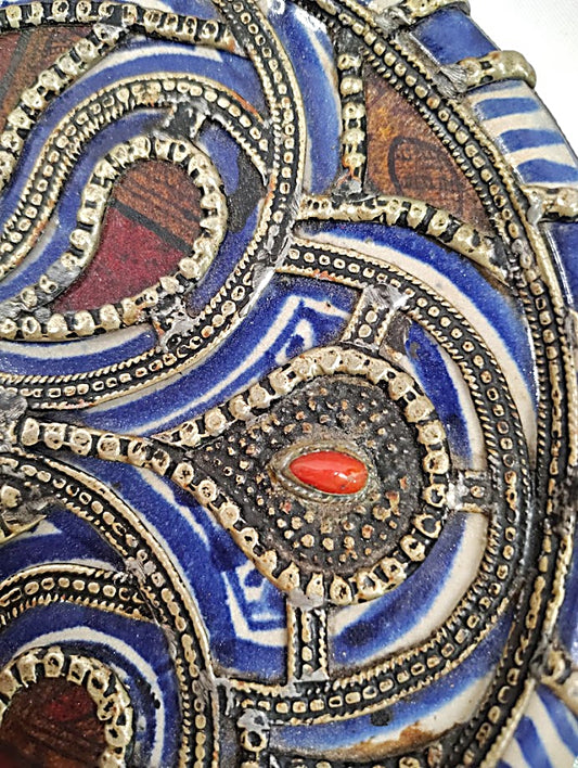 Moroccan Antique Pottery Dish right side closeup with Silver Filigree Overlay and Cabochons