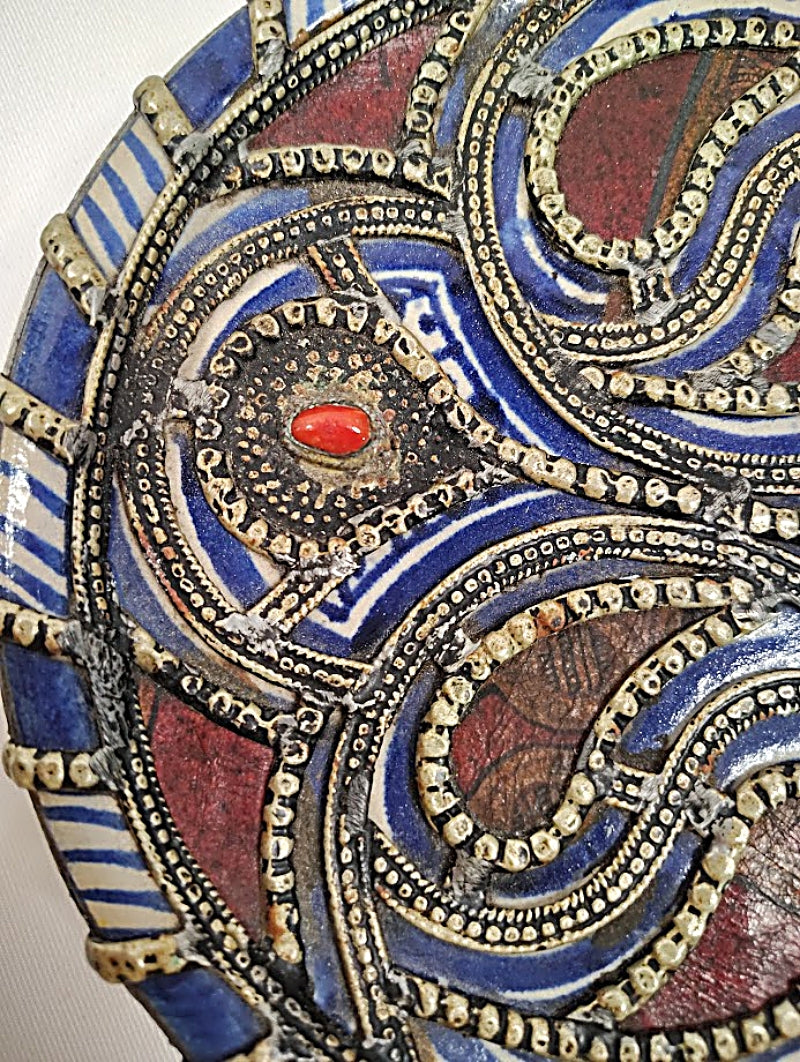 Moroccan Antique Pottery Dish right side closeup with Silver Filigree Overlay and Cabochons left side closeup