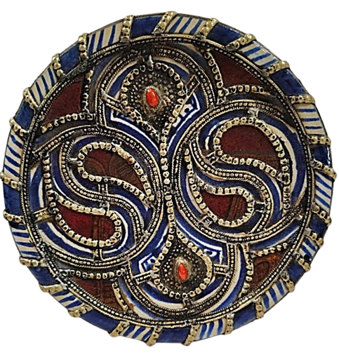 Moroccan Antique Pottery Dish right side closeup with Silver Filigree Overlay and Cabochons Main view