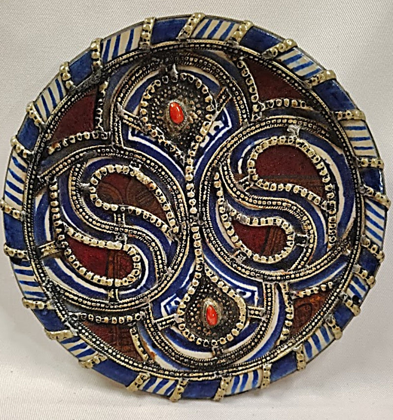Moroccan Antique Pottery Dish right side closeup with Silver Filigree Overlay and Cabochons full view