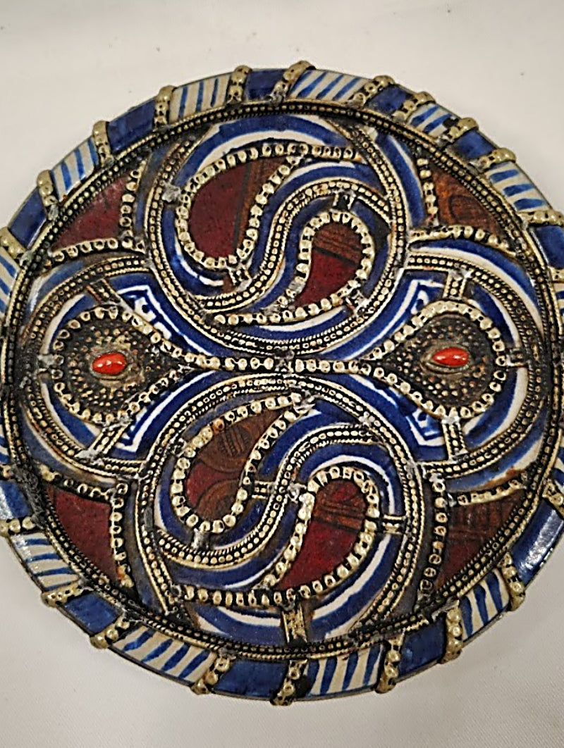Moroccan Antique Pottery Dish right side closeup with Silver Filigree Overlay and Cabochons center view