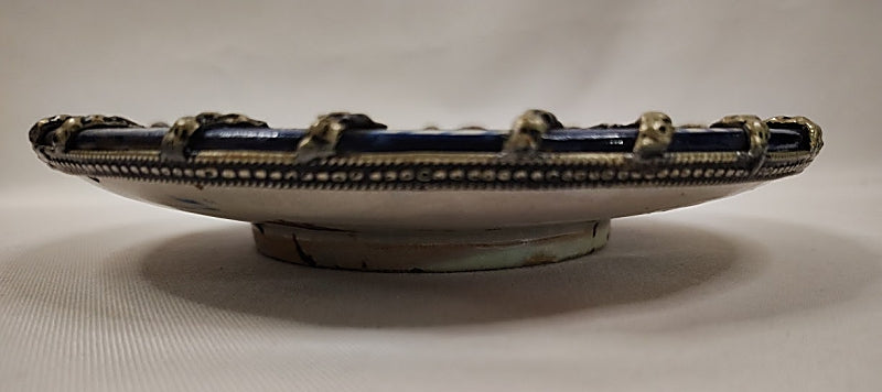 Moroccan Antique Pottery Dish right side closeup with Silver Filigree Overlay and Cabochons flat view rim
