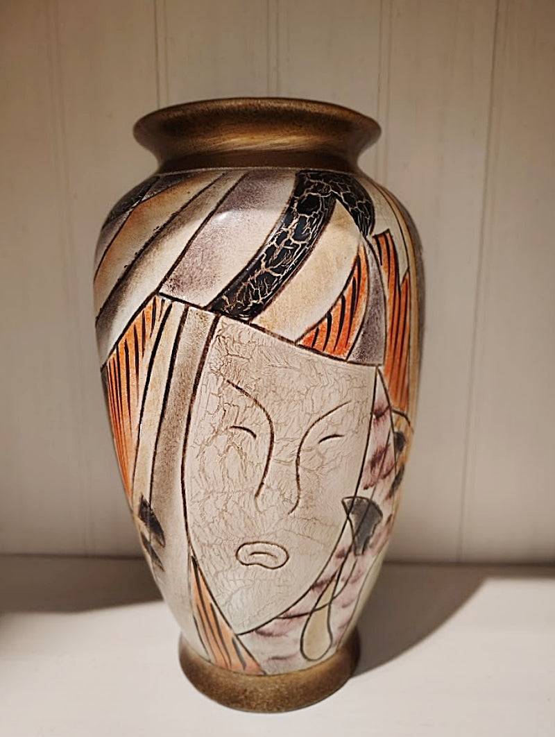 Picasso Style Painted Pottery Vase on shelf