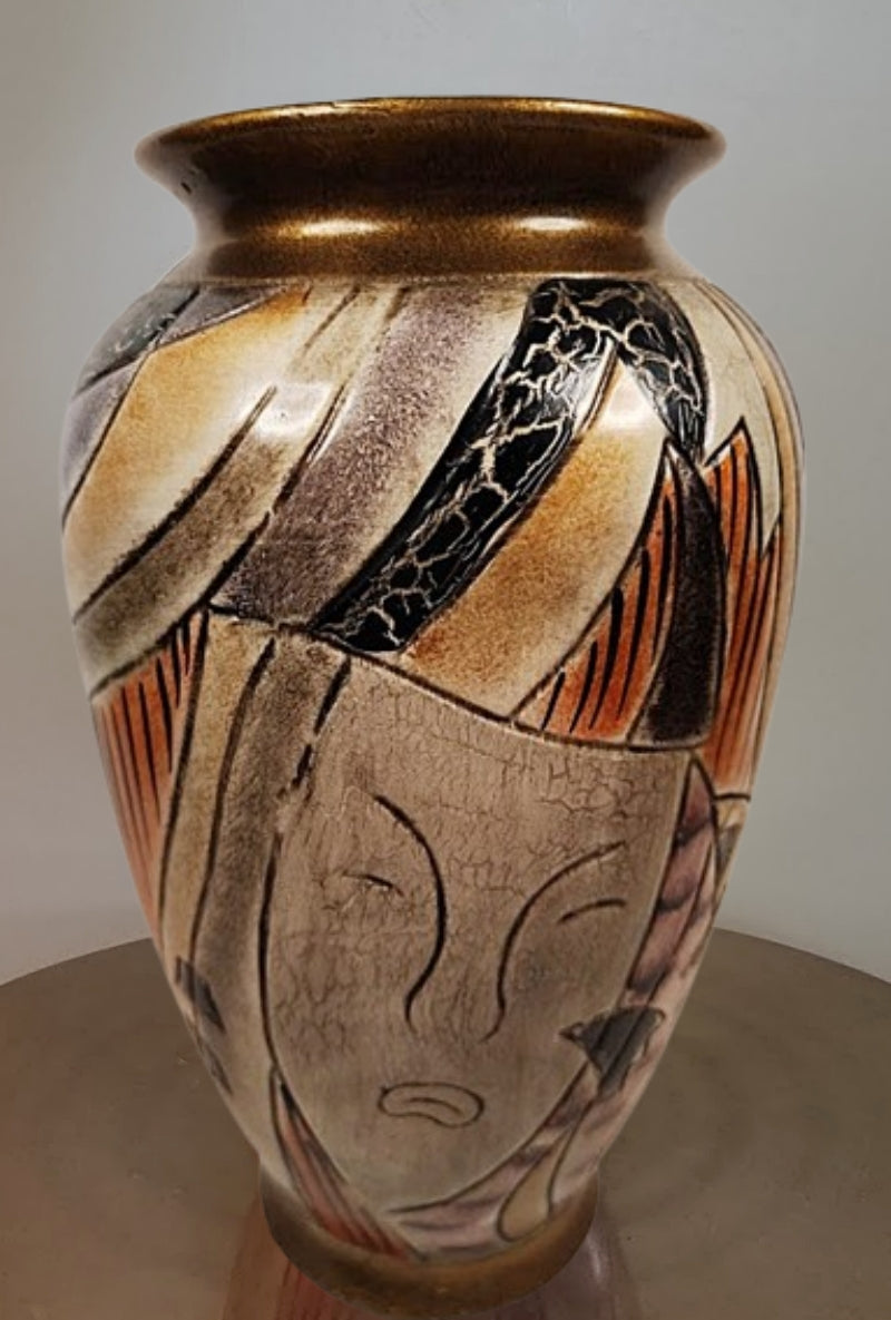 Picasso Style Painted Pottery Vase full view on table