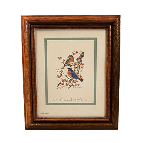 Framed artwork of birds on a branch with red berries-Anne Worsham Richardson Bluebirds Print
