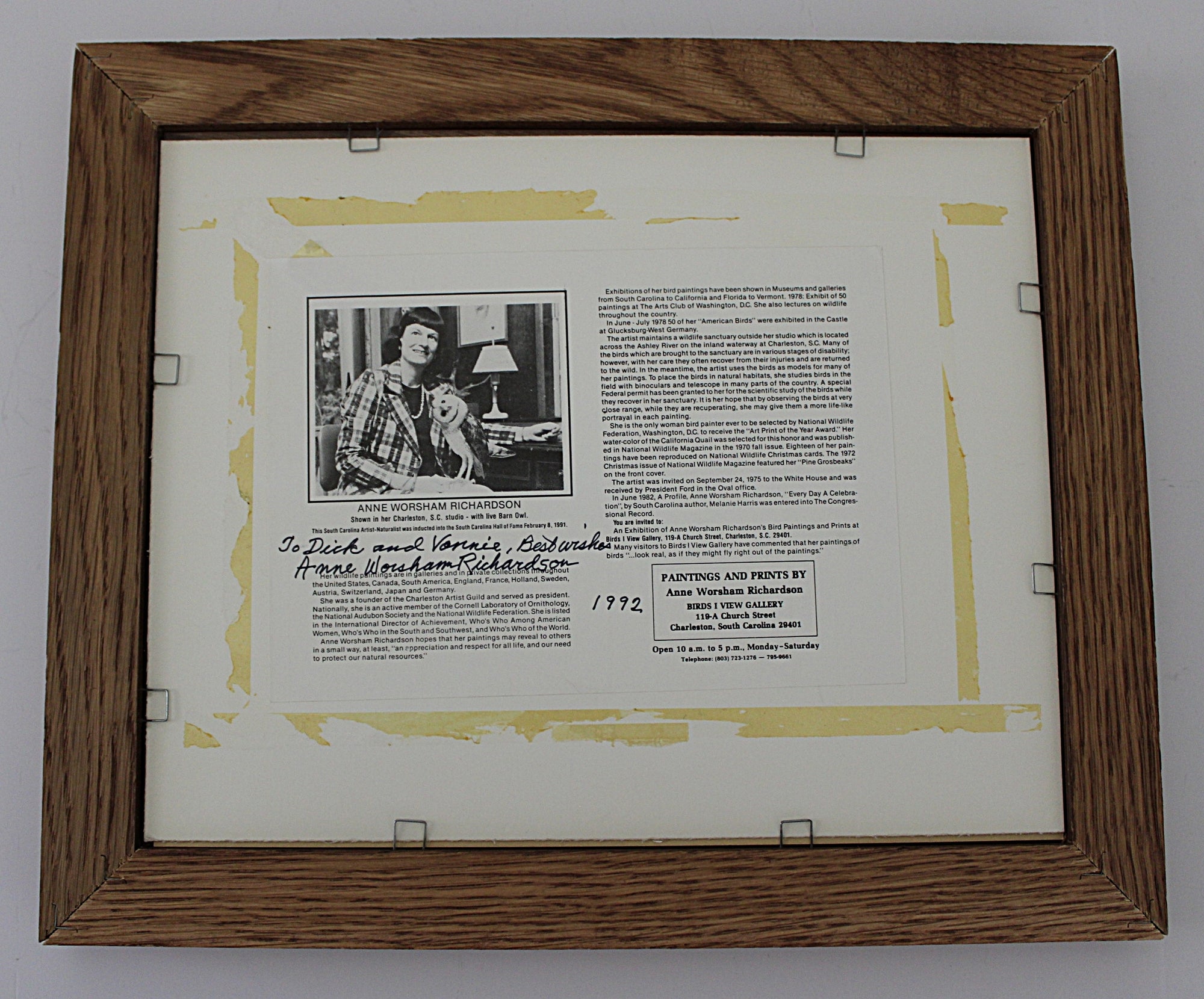 Framed document with a black and white photo and text on a plain  Anne Worsham Richardson Bluebirds Print back with nfo card