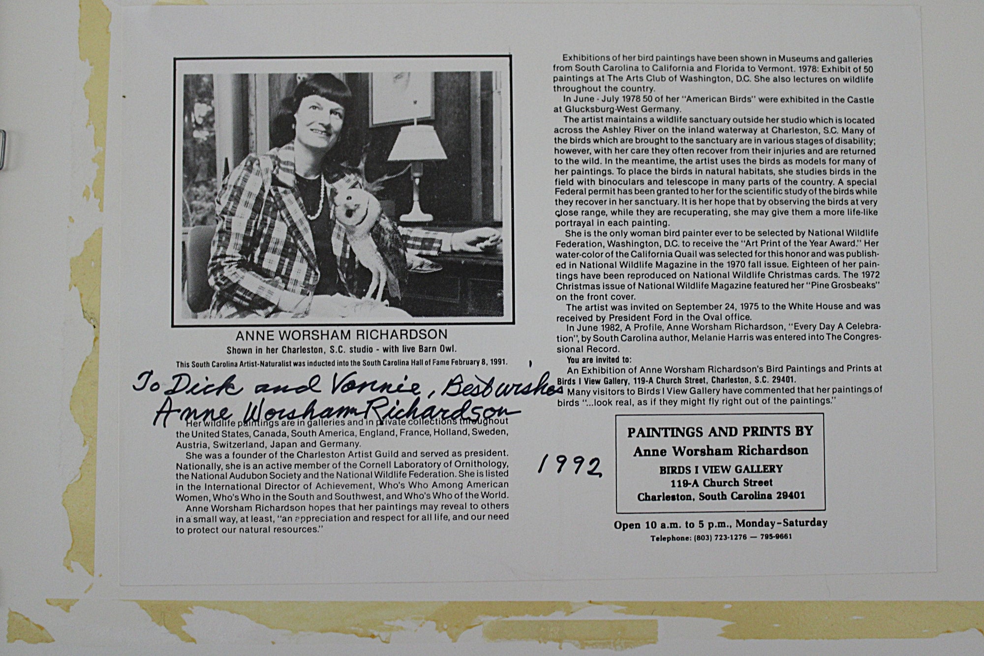 Anne Worsham Richardson Bluebirds Print information sheet on back side of art print