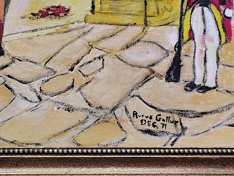 ColonialVillageFolkArtOilPainting-closeup-signed-area