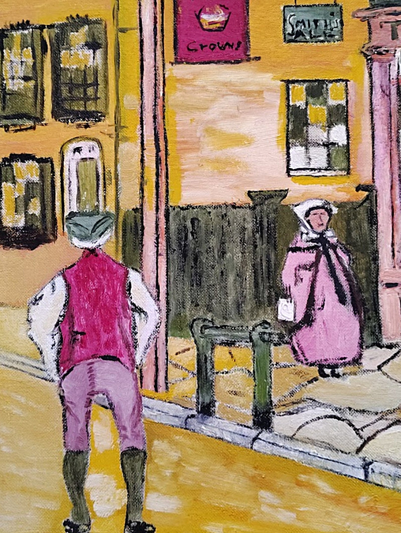 ColonialVillageFolkArtOilPainting-closeup-people on st