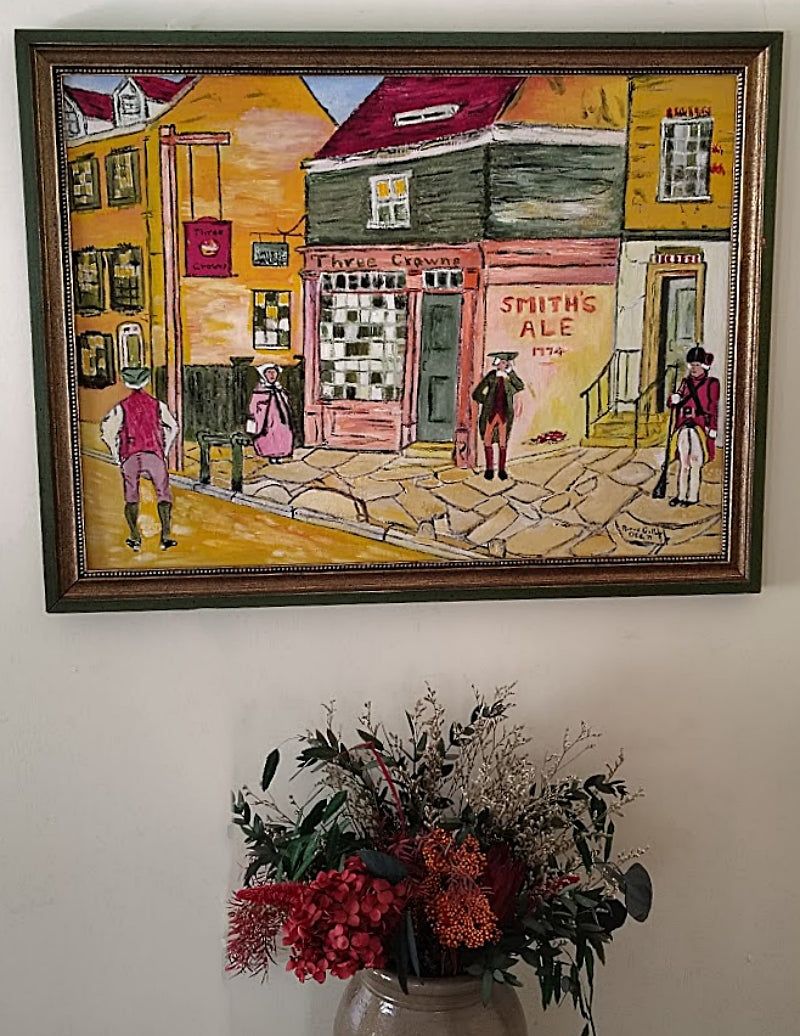 Colonial Philadelphia Scene Oil Painting on Wall with Flowers under