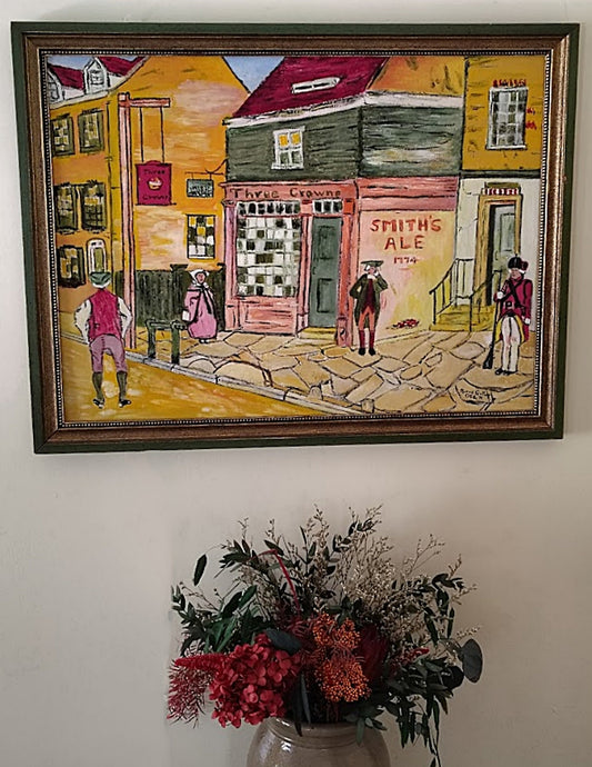 Colonial Philadelphia Scene Oil Painting on Wall with Flowers under