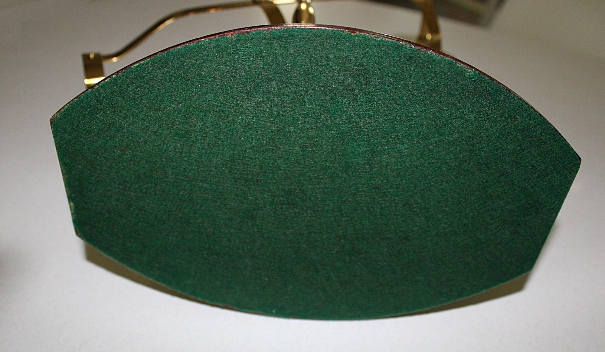 Vintage Mechanical Wine Decanting Cradle Brass and Walnut-middle-facing-left-back-wine bottle-green felt bottom
