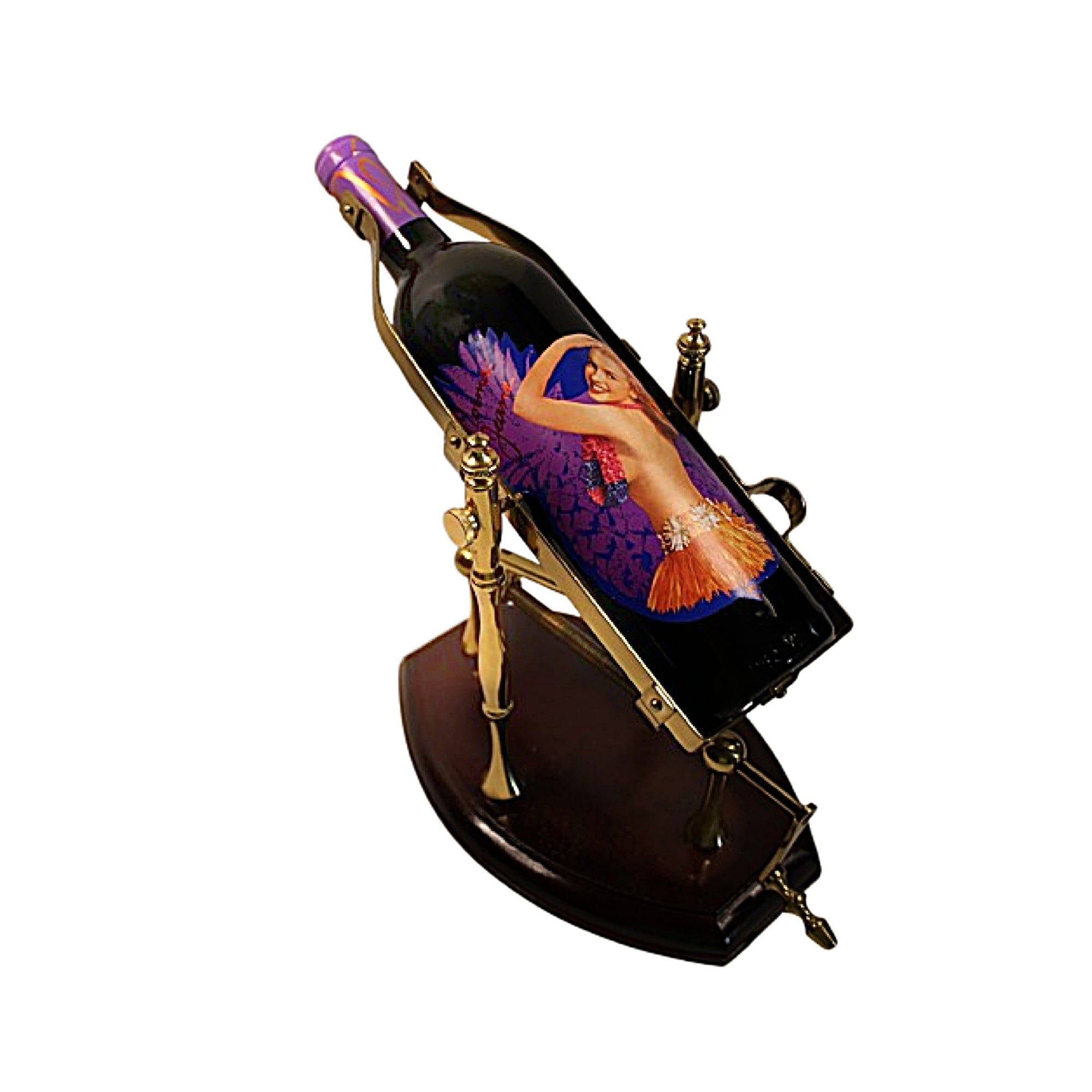 Vintage Mechanical Wine Decanting Cradle Brass and Walnut-middle-facing-left-back-wine bottle with artistic label in a decorative holder on a white background