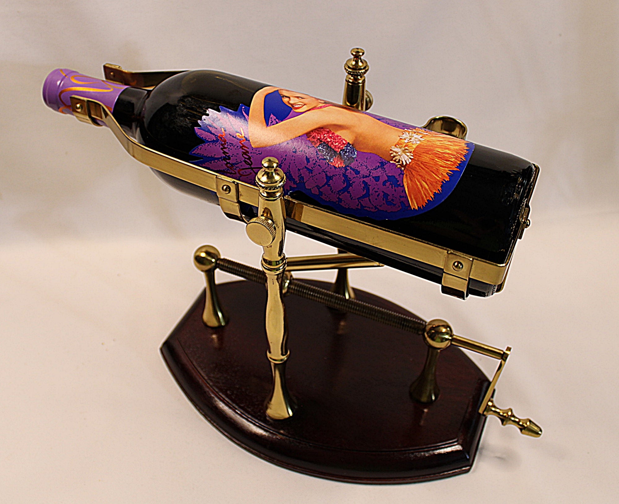 Vintage Mechanical Wine Decanting Cradle Brass and Walnut-Marilyn Monroe wine bottle