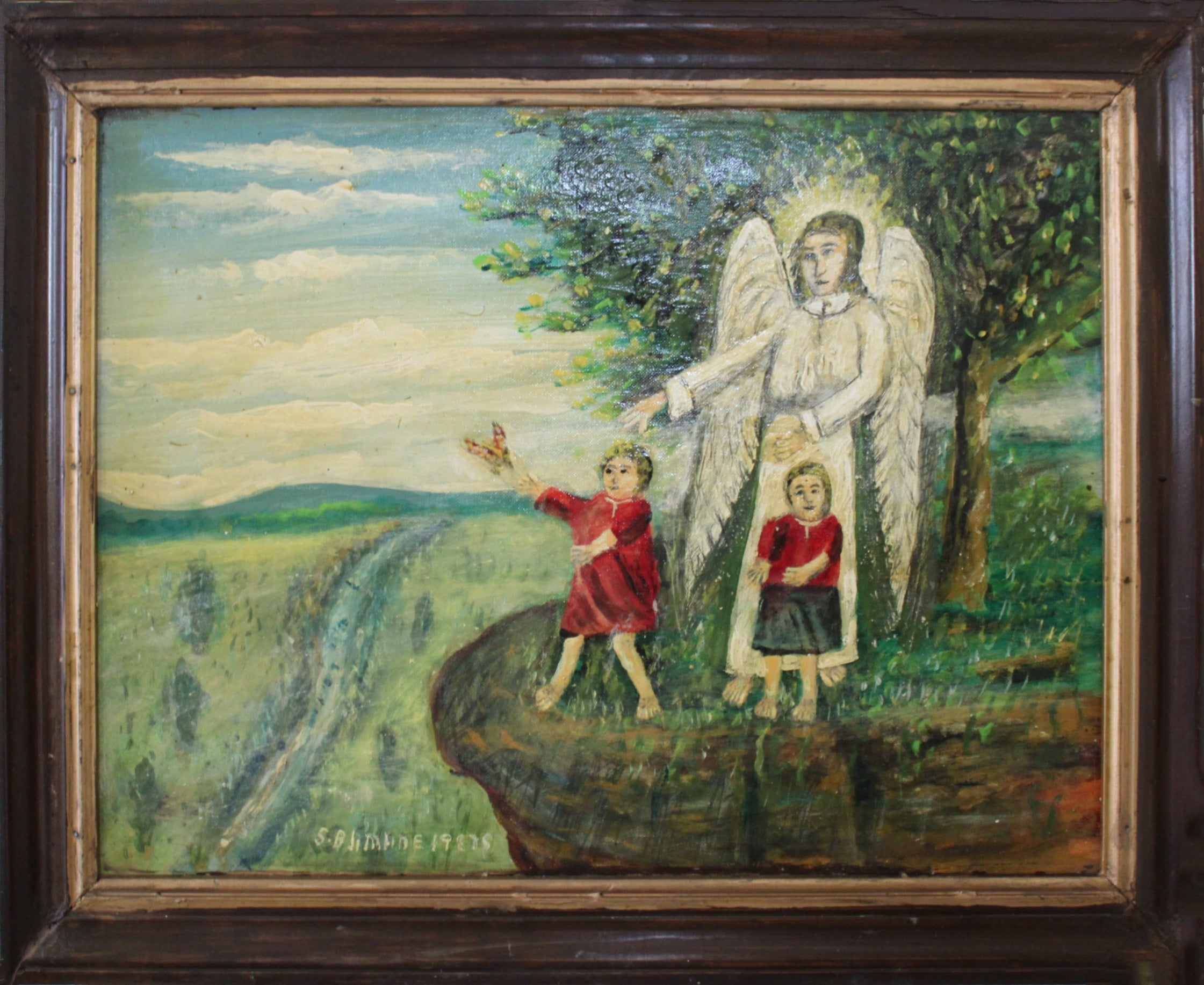 Naive Oil Painting Angel and Barefoot Girls by Reverend Samuel Blimline