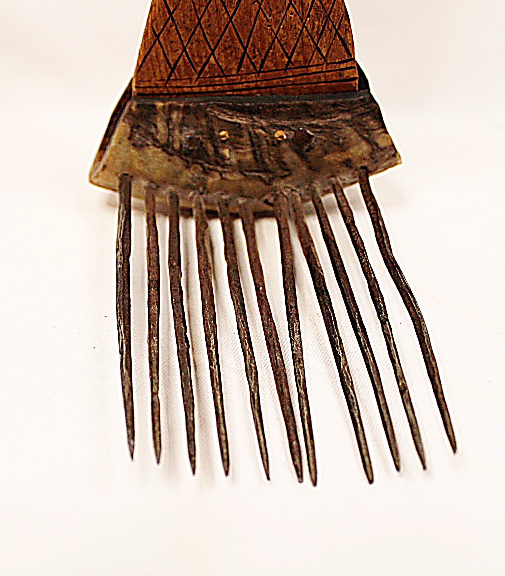 African Textile Tool Wooden Carved Fiber Comb with Forged Iron Spikes
