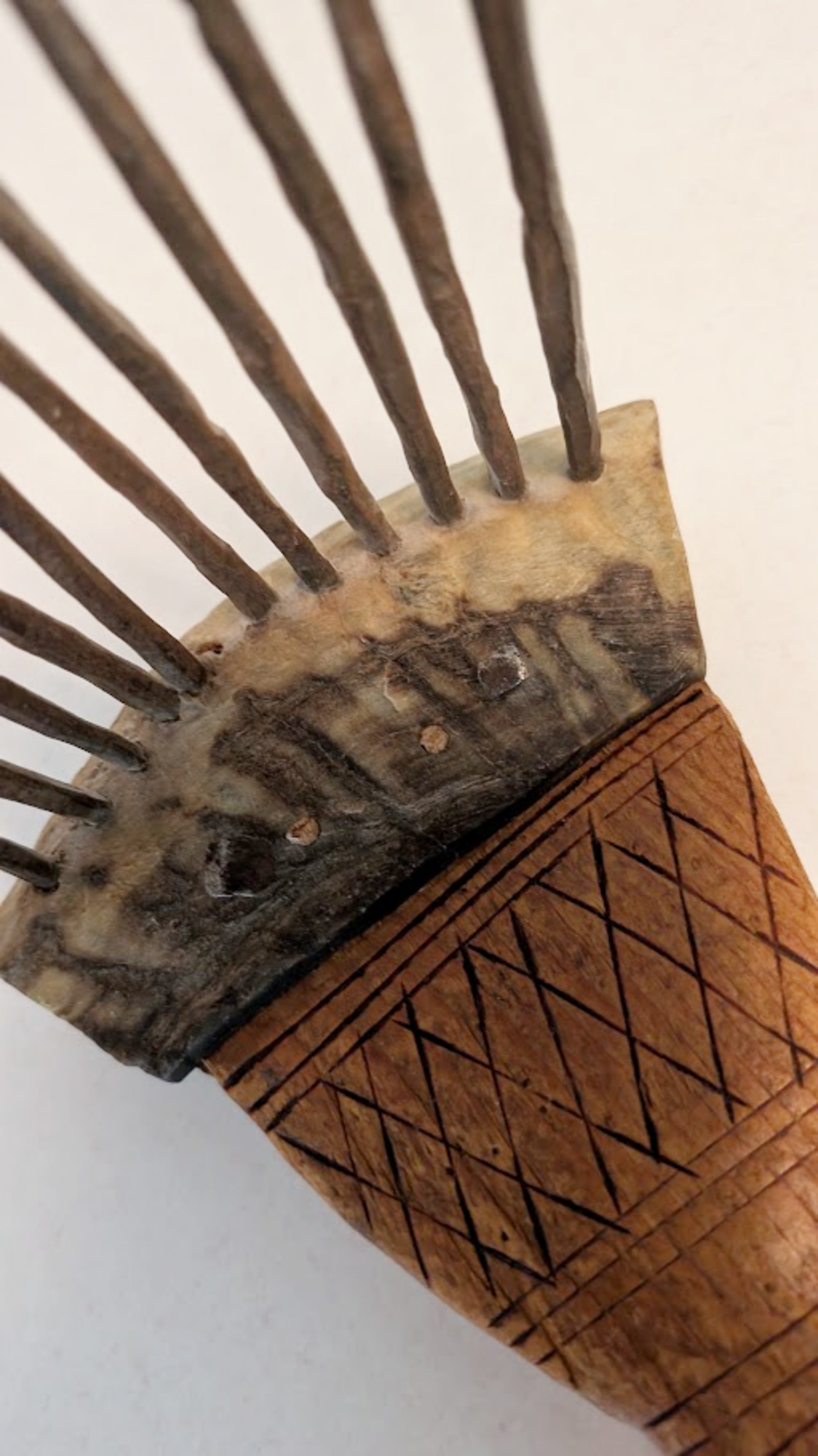 African Textile Tool Wooden Carved Fiber Comb with Forged Iron Spikes